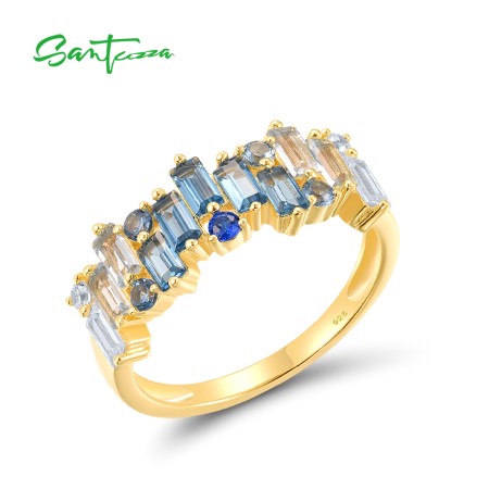 SANTUZZA 925 Sterling Silver Rings Blue Spinel White CZ Elegant Tapper Jewelry