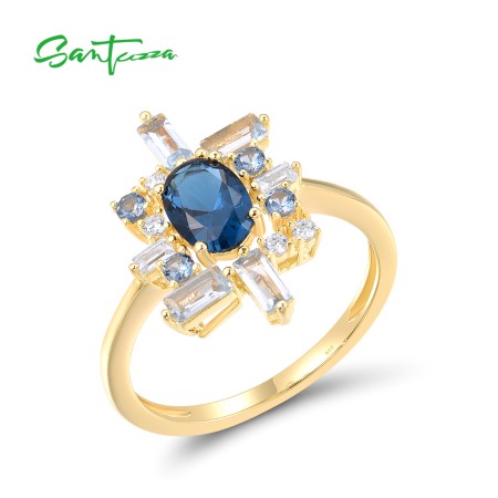 SANTUZZA 925 Sterling Silver Solitaire Rings Blue Spinel White CZ Jewelry