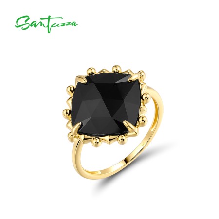 SANTUZZA 925 Sterling Silver Rings For Women Sparkling Black Agate Grand Square Jewelry