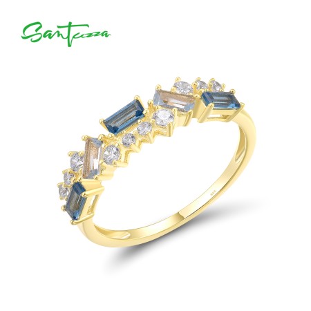 SANTUZZA 925 Sterling Silver Rings Blue Spinel White CZ Glowing Jewelry