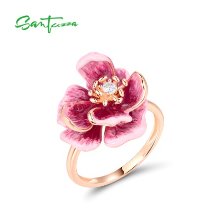 SANTUZZA 925 Sterling Silver Rings White CZ Enamel Pink Sweet Flower Fine Jewelry