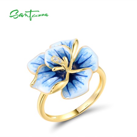 SANTUZZA 925 Sterling Silver Rings White CZ Blue Enamel Charming Flower Fine Jewelry