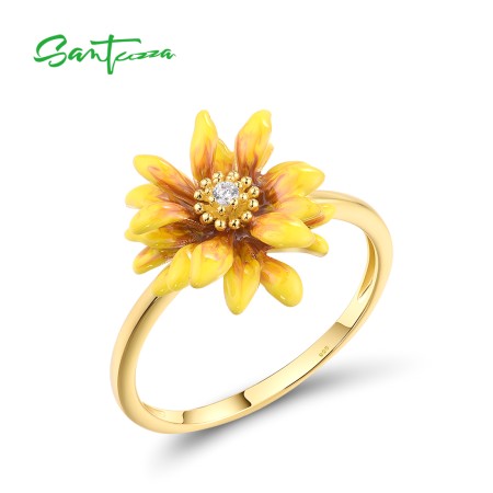SANTUZZA 925 Sterling Silver Rings White CZ Yellow Enamel Flower Fine Jewelry