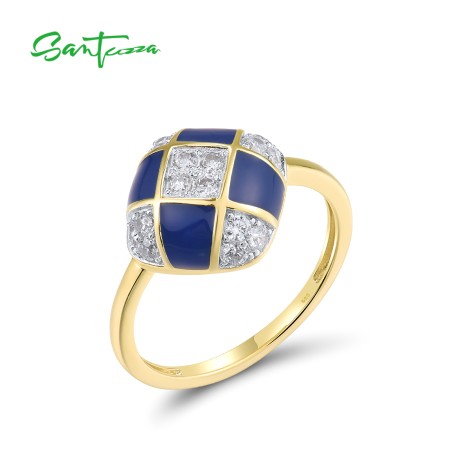SANTUZZA 925 Sterling Silver Rings Genuine White CZ Blue Square Enamel Jewelry