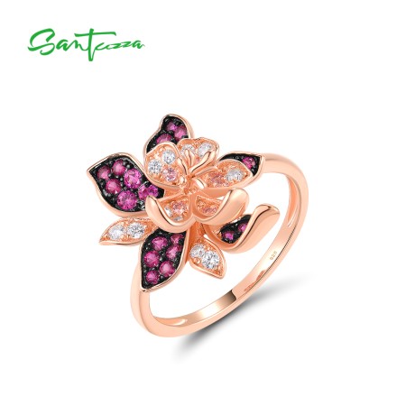 SANTUZZA 925 Sterling Silver Ring Created Pink Sapphire Charming Flower Jewelry
