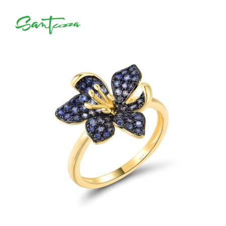 SANTUZZA 925 Sterling Silver Rings Blue Spinel Luminous Flower Jewelry