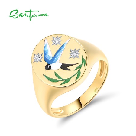 SANTUZZA 925 Sterling Silver Rings Sparkling White CZ Enamel Bird Vintage Jewelry