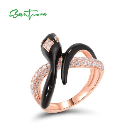 SANTUZZA 925 Sterling Silver Rings White CZ Enamel Wild Snake Unique Animal Jewelry