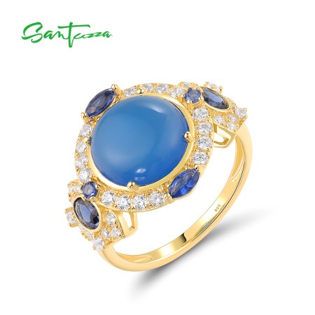 SANTUZZA 925 Sterling Silver Rings White CZ Dyed Blue Agate Jewelry