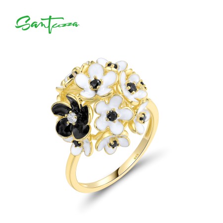 SANTUZZA 925 Sterling Silver Rings White Black Flower Ball Enamel Jewelry 