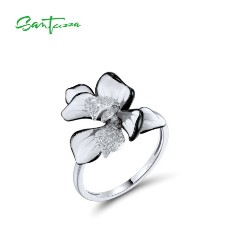 SANTUZZA 925 Sterling Silver Ring Sparkling Zircon White Enamel Flower Jewelry