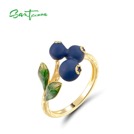 SANTUZZA 925 Silver Ring Fruits Blueberries & Pomegranate Jewelry Enamel