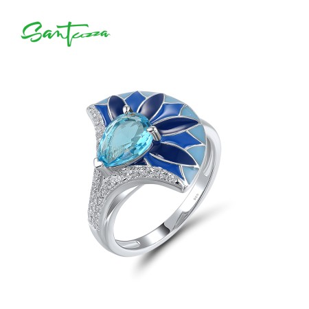 SANTUZZA 925 Sterling Silver Rings Blue Stone Enamel Fan Shape Jewelry