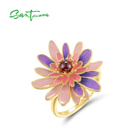 SANTUZZA 925 Sterling Silver Rings Green & Black Enamel Daisy Fine Jewelry