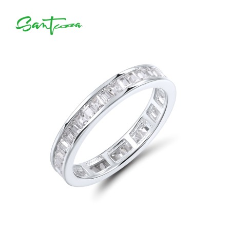 SANTUZZA 925 Sterling Silver Sparkling Princess Cut White CZ Eternity Ring Jewelry
