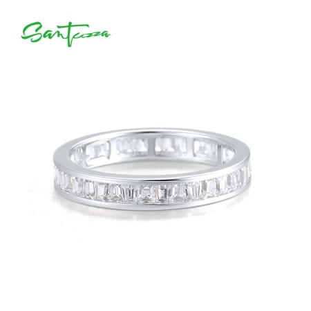 SANTUZZA 925 Sterling Silver Sparkling Princess Cut White CZ Eternity Ring Jewelry