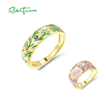 SANTUZZA 925 Sterling Silver Rings Sparkling Green & Purple Flower Party Gifts Fine Jewelry