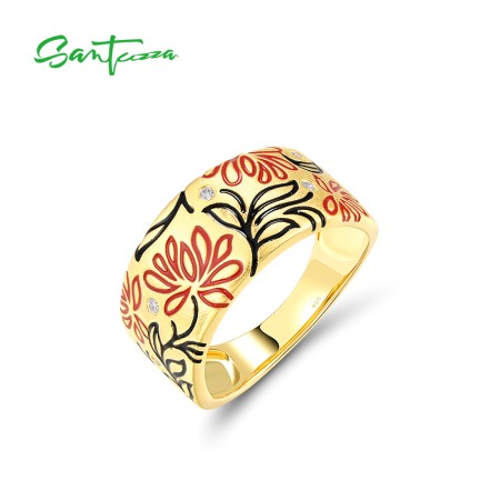 SANTUZZA 925 Sterling Silver Rings Enamel Flower Creative Birthday Daily Gifts Fine Jewelry