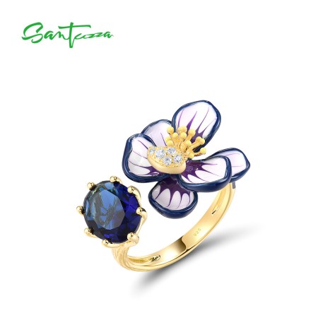 SANTUZZA 925 Sterling Silver Opened Rings Sparkling Blue Stone Enamel Flower Jewelry