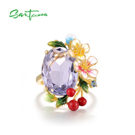 SANTUZZA 925 Sterling Silver Statement Rings Floral And Cherry Eye Catching Party Gifts Enamel Jewelry