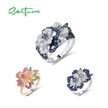 SANTUZZA 925 Sterling Silver Ring Multi-Color Gems Floral Anniversary Wedding  Fine Jewelry Set