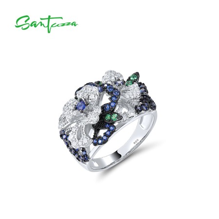 SANTUZZA 925 Sterling Silver Ring Multi-Color Gems Floral Anniversary Wedding  Fine Jewelry Set