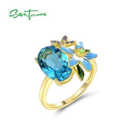 SANTUZZA 925 Sterling Silver Ring Created Sapphire Blue Enamel Flower Delicate Gifts Fine Jewelry
