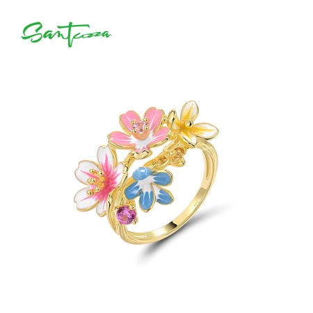 SANTUZZA 925 Sterling Silver Ring Colorful Floral Cherry Blossom Created Pink Sapphire Jewelry Set