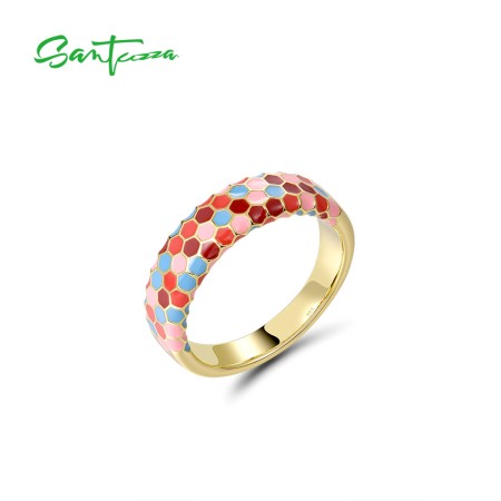 SANTUZZA 925 Sterling Silver Ring For Women Enamel Mosaic Pattern Boho Fine Jewelry