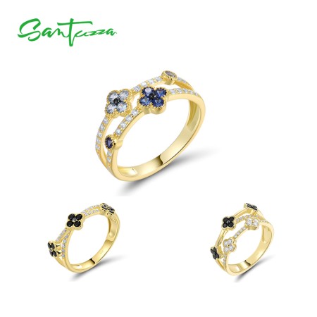 SANTUZZA 925 Sterling Silver Ring Created Sapphire Black Spinel White CZ Fancy Fine Jewelry