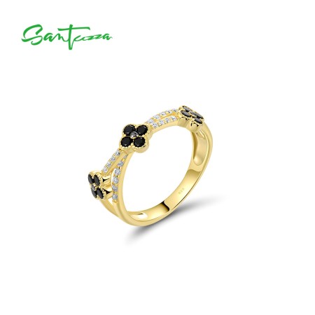 SANTUZZA 925 Sterling Silver Ring Created Sapphire Black Spinel White CZ Fancy Fine Jewelry