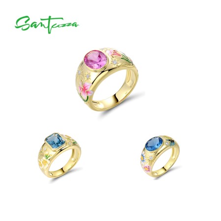 SANTUZZA 925 Sterling Silver Ring Sparkling Vintage Flower Enamel Colorful Gems Romantic Gifts Jewelry