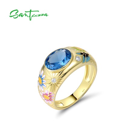 SANTUZZA 925 Sterling Silver Ring Sparkling Vintage Flower Enamel Colorful Gems Romantic Gifts Jewelry