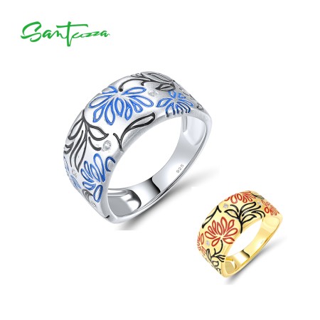 SANTUZZA 925 Sterling Silver Rings Enamel Flower Creative Birthday Daily Gifts Fine Jewelry