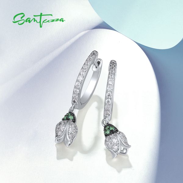 SANTUZZA 925 Sterling Silver Loop Earrings White CZ Green