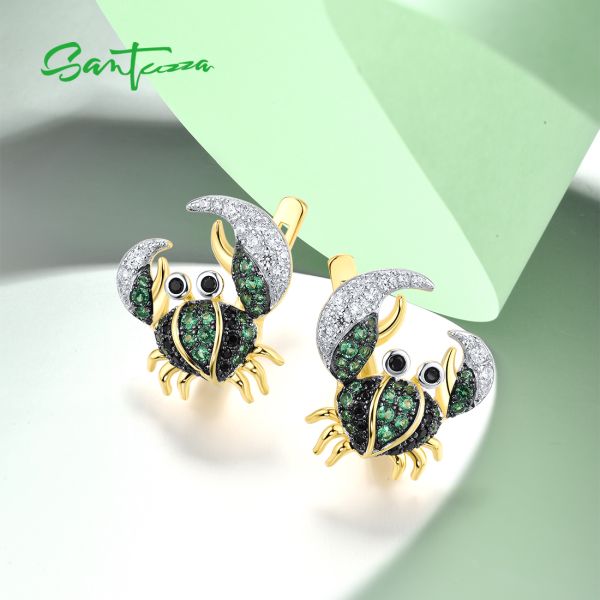 SANTUZZA 925 Sterling Silver Earrings Green Black Spinel Crab