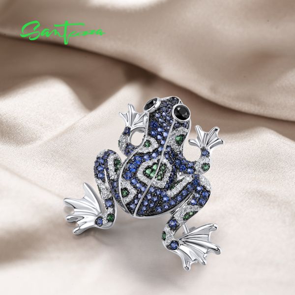 SANTUZZA 925 Silver Brooch Multi-Color Gems Blue Frog Fine Jewelry
