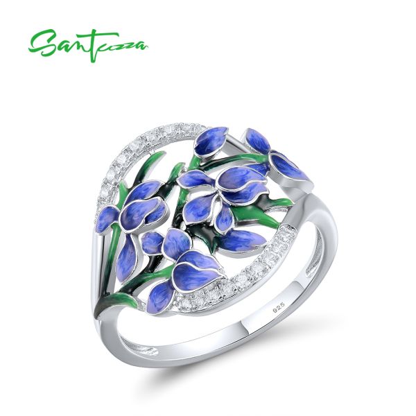 SANTUZZA 925 Sterling Silver Rings White CZ Blue Orchid Flower Enamel  Jewelry