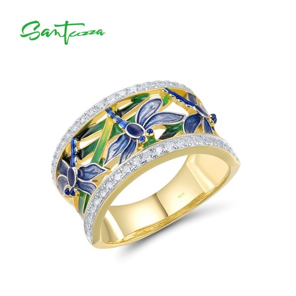 SANTUZZA 925 Sterling Silver Ring White CZ Blue Dragonfly
