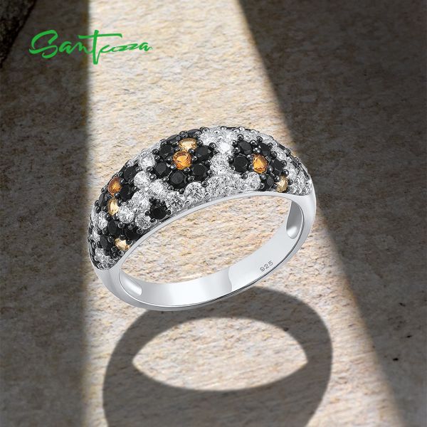 SANTUZZA 925 Sterling Silver Ring White CZ Black Spinel