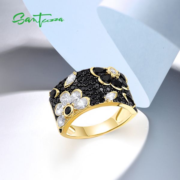 SANTUZZA 925 Sterling Silver Ring Black Spinel White CZ Chic