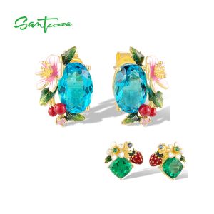 SANTUZZA 925 Sterling Silver Earrings Sparkling Colored Gems Sweet Style Strawberry Flower Enamel Jewelry