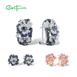 SANTUZZA 925 Sterling Silver Clip-On Earrings  Colorful Gems Flower Gorgeous Wedding Fine Jewlery Gifts