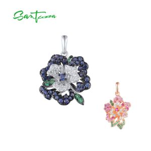 SANTUZZA 925 Sterling Silver Pendant Shiny Pink & Blue Gems Glamorous Flower Jewelry 