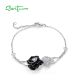 SANTUZZA 925 Sterling Silver Adjustable Bracelet Vintage Black & White Flower Jewelry Enamel