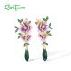 SANTUZZA 925 Sterling Silver Drop Earrings Green Stones White CZ Enamel Flower Fine Jewelry