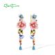 SANTUZZA 925 Sterling Silver Drop Earrings Colorful Flowers Long Enamel Jewelry