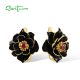 SANTUZZA 925 Sterling Silver Earrings BlackLotus Enamel Flower Garnet Fine Jewelry 