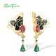 SANTUZZA 925 Sterling Silver Earrings White CZ Green Spinel Enamel Peony Gold Color Fine Jewelry