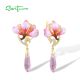 SANTUZZA 925 Sterling Silver Drop Earrings Pink Stones White CZ Flower Enamel Fine Jewelry